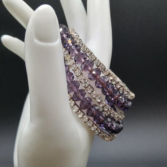 Purple Crystal Bead Clear Rhinestone Wrap Wire Bracelet, Five Layers - Picture 4 of 7
